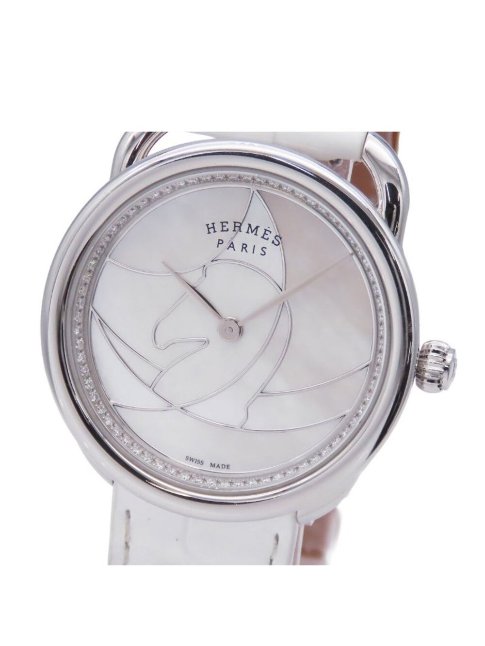 Hermes Arceau White Shell SS Leather Diamond Dial Watch Quartz